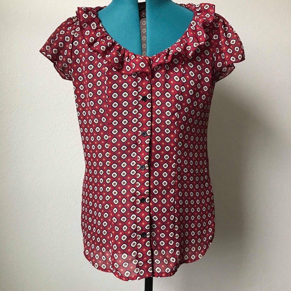 Maurices button up red/wine pattern ruffle top